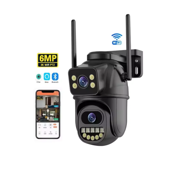 Icsee Dual Lens 6MP 4K Smart Dual Light Mode Outdoor Cctv Wireless Ptz Waterproof Ip66 Cameras Ip Black case