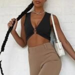 Summer New Women Sleeveless Solid Tight Hollow Out Crop Top V Neck Vest Tops