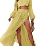 Casual Two Set Short Length Japanese Korean Casual Set with Flare Sleeve Long Sleeve Wrinkle Finish Spring Summer for Women