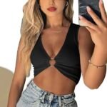 Summer New Women Sleeveless Solid Tight Hollow Out Crop Top V Neck Vest Tops