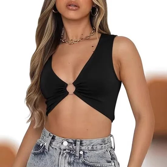 Summer New Women Sleeveless Solid Tight Hollow Out Crop Top V Neck Vest Tops