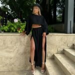 Casual Two Set Short Length Japanese Korean Casual Set with Flare Sleeve Long Sleeve Wrinkle Finish Spring Summer for Women