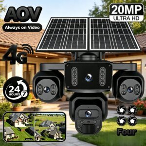 Solar Camera 4G Outdoor 4 Lens 4-Screen All-Day Recording PIR Human Detect Waterproof Night Vision CCTV Security Protection