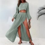 Casual Two Set Short Length Japanese Korean Casual Set with Flare Sleeve Long Sleeve Wrinkle Finish Spring Summer for Women
