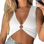 Summer New Women Sleeveless Solid Tight Hollow Out Crop Top V Neck Vest Tops
