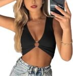 Summer New Women Sleeveless Solid Tight Hollow Out Crop Top V Neck Vest Tops